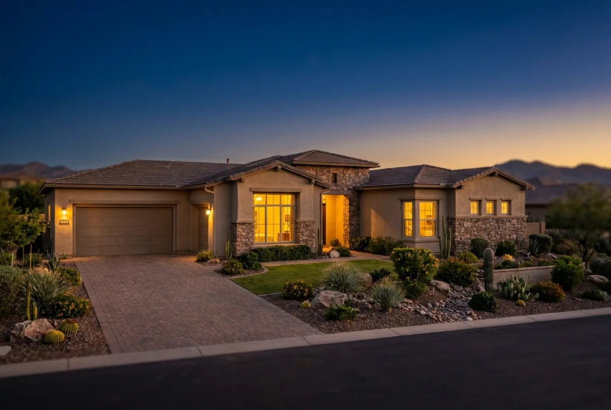 An Arizona home glowing warmly at dusk