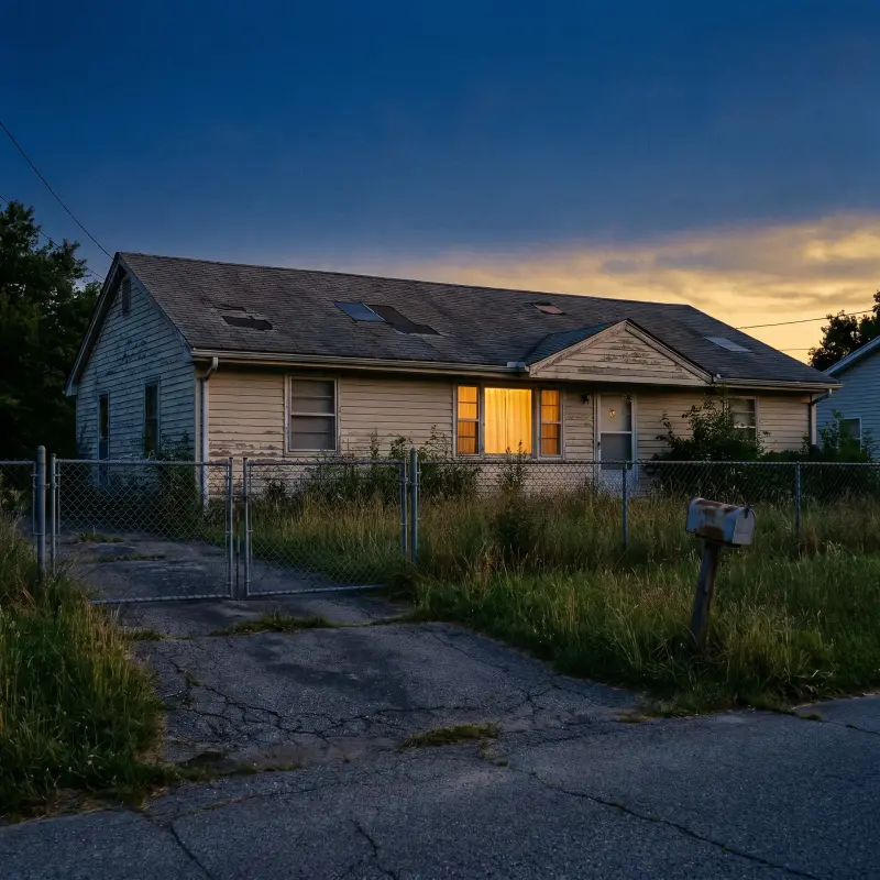 Ranch home needing repairs at dusk