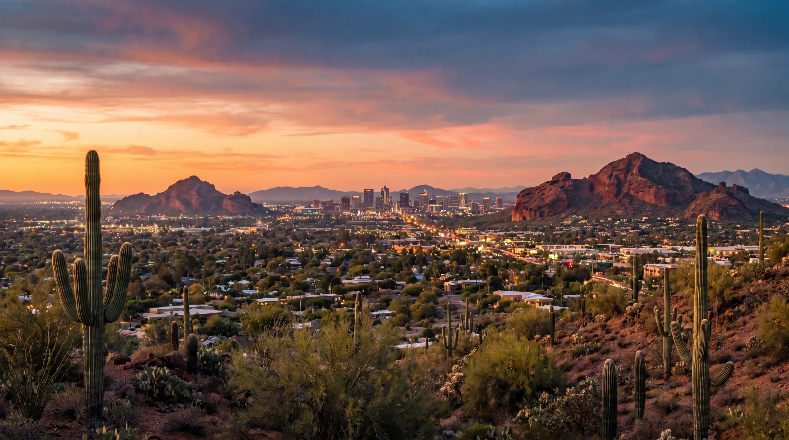 The downtown Phoenix skyline framed by the red rock buttes of the Valley