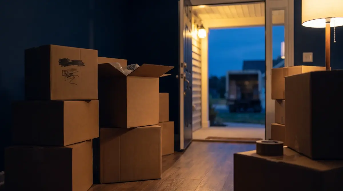 Moving boxes by the front door at dusk